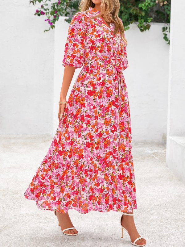 Womens Floral Maxi Dresses Boho Summer Casual V Neck 3/4 Puff Sleeve Button Down Tie Waist Long Flowy Shirt Dress