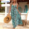 Womens Summer Maxi Dress Spaghetti Strap Casual Printed Dress Boho Floral Beach Sundress,
