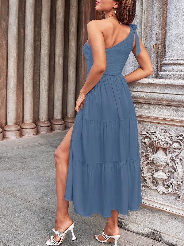 Women's Summer One Shoulder Sleeveless Knot Smocked Midi Dress Split Tiered Flowy Dresses