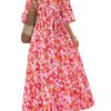 Womens Floral Maxi Dresses Boho Summer Casual V Neck 3/4 Puff Sleeve Button Down Tie Waist Long Flowy Shirt Dress