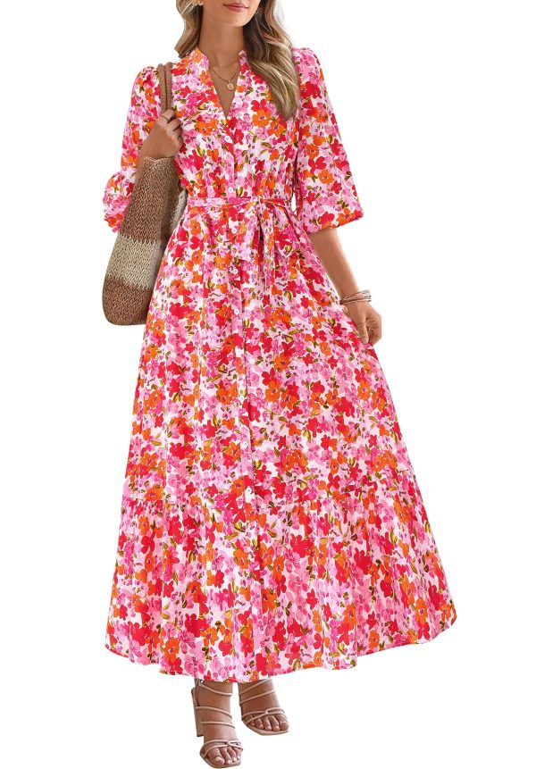 Womens Floral Maxi Dresses Boho Summer Casual V Neck 3/4 Puff Sleeve Button Down Tie Waist Long Flowy Shirt Dress
