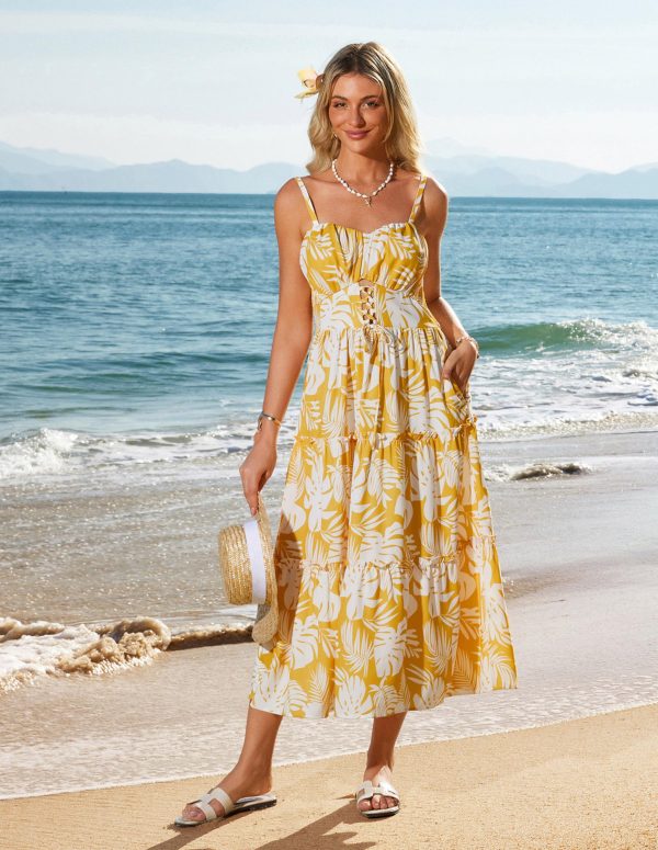 Women's Summer Floral Dress 2025 Spaghetti Strap Smocked Tiered Casual Boho Maxi Long Sundress with Pockets