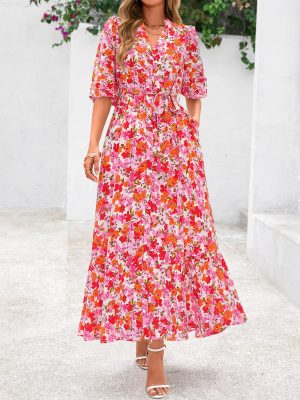 Womens Floral Maxi Dresses Boho Summer Casual V Neck 3/4 Puff Sleeve Button Down Tie Waist Long Flowy Shirt Dress