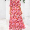 Womens Floral Maxi Dresses Boho Summer Casual V Neck 3/4 Puff Sleeve Button Down Tie Waist Long Flowy Shirt Dress