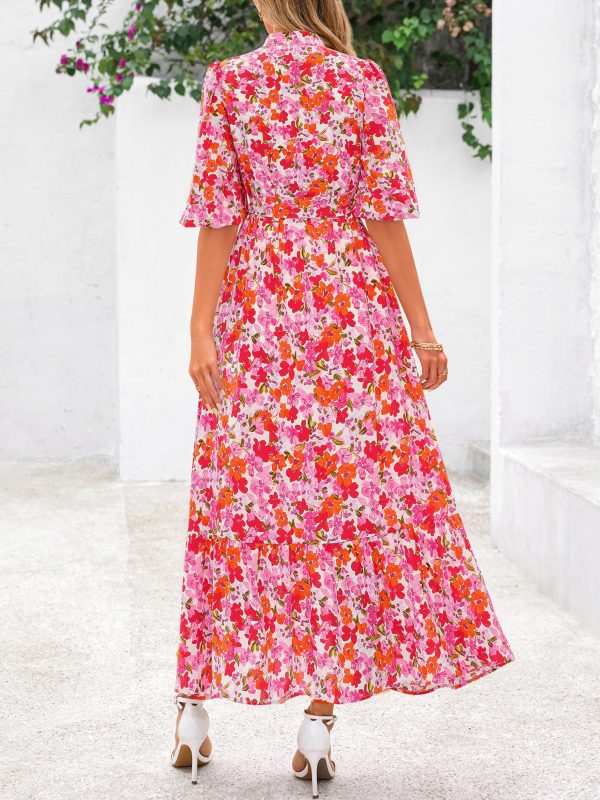 Womens Floral Maxi Dresses Boho Summer Casual V Neck 3/4 Puff Sleeve Button Down Tie Waist Long Flowy Shirt Dress